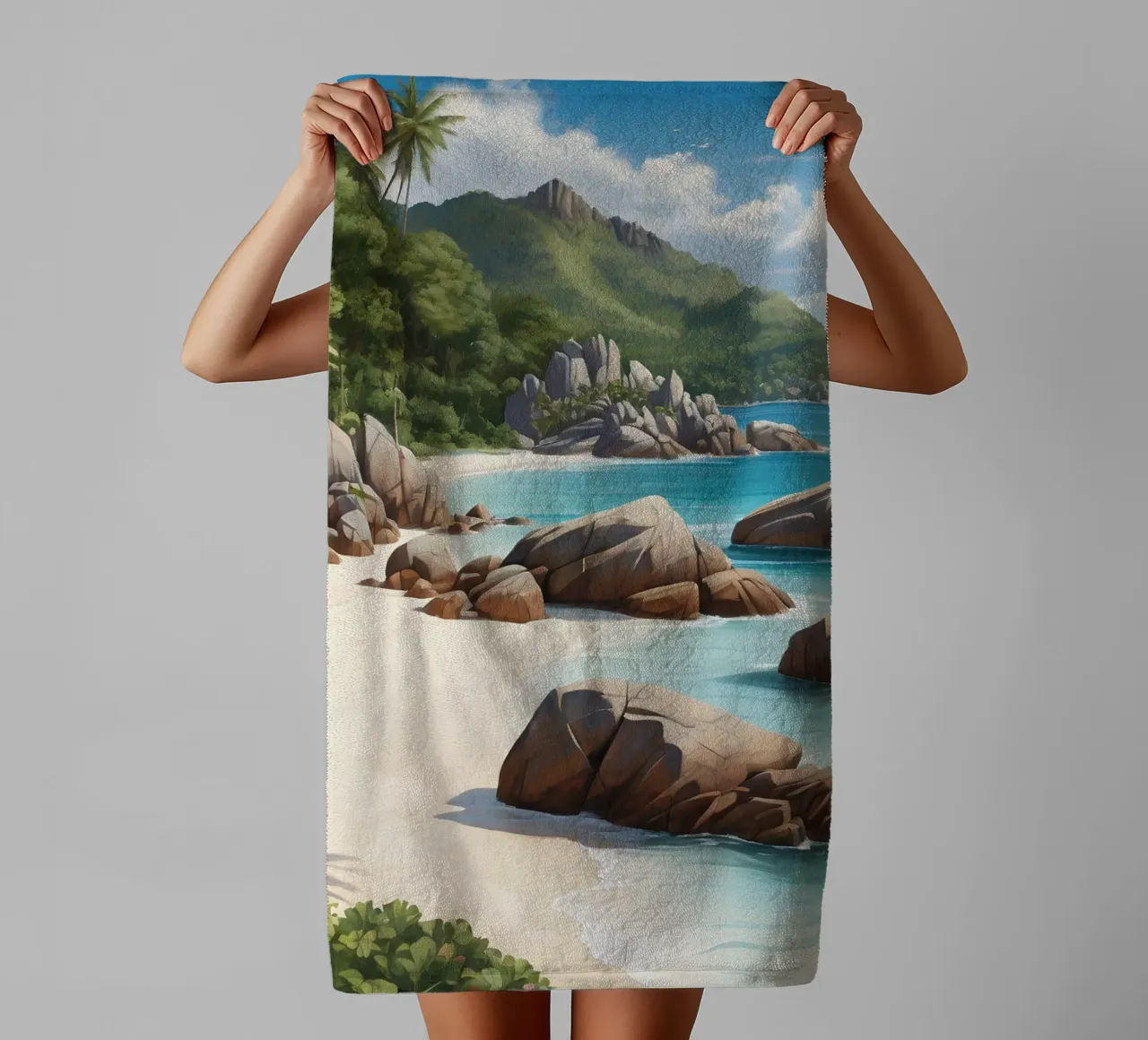 Spiaggia tropicale rocciosa asciugamano da bagno da Charnwood Prints