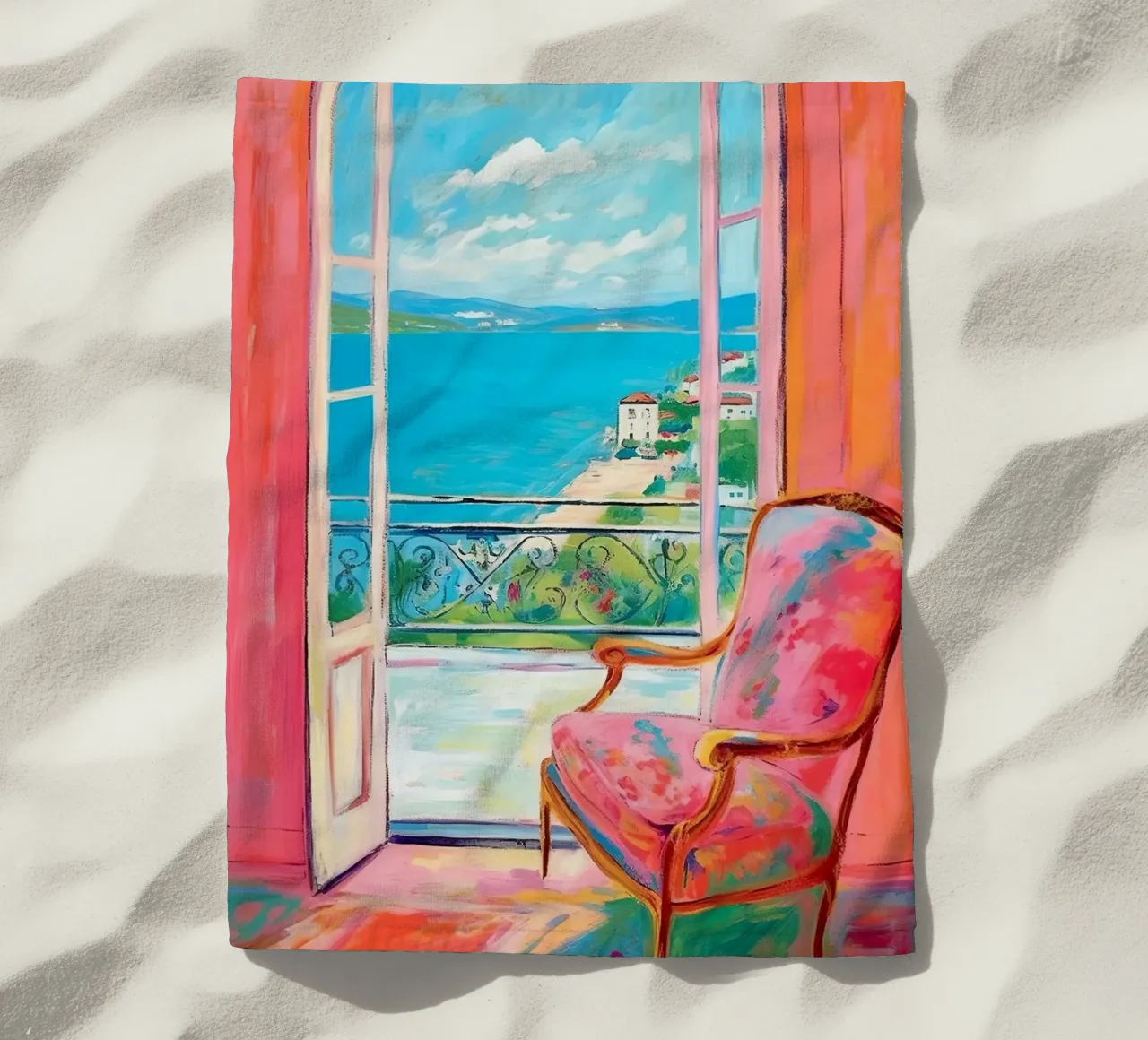 A touch of the south: the window of dreams beach towel by Nikis Art Studio