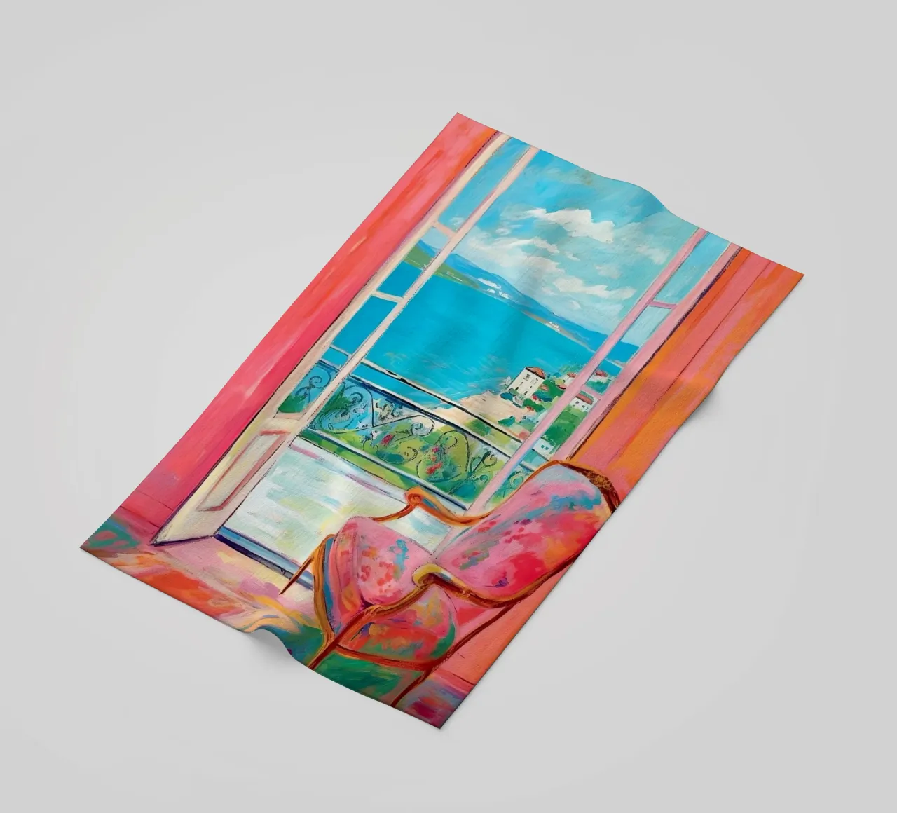 A touch of the south: the window of dreams beach towel by Nikis Art Studio