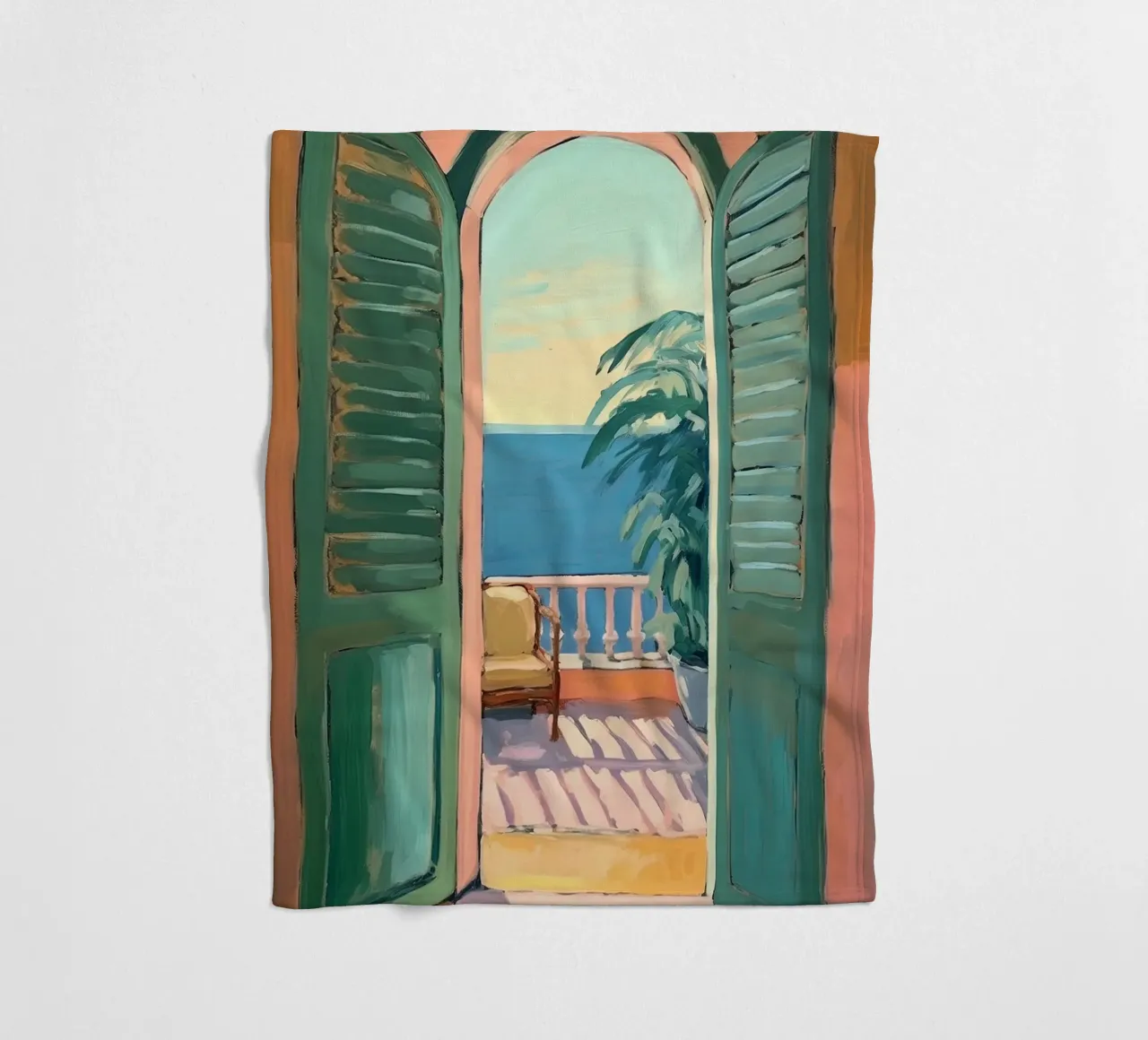 Glimpses of light: The world through an open window fleece blanket by Nikis Art Studio