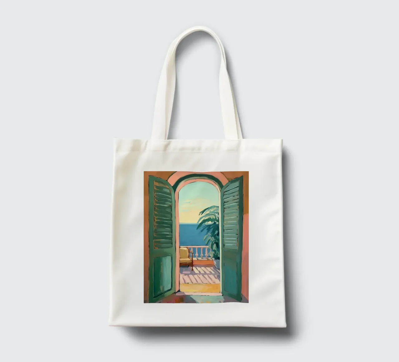 Glimpses of light: The world through an open window tote bag by Nikis Art Studio