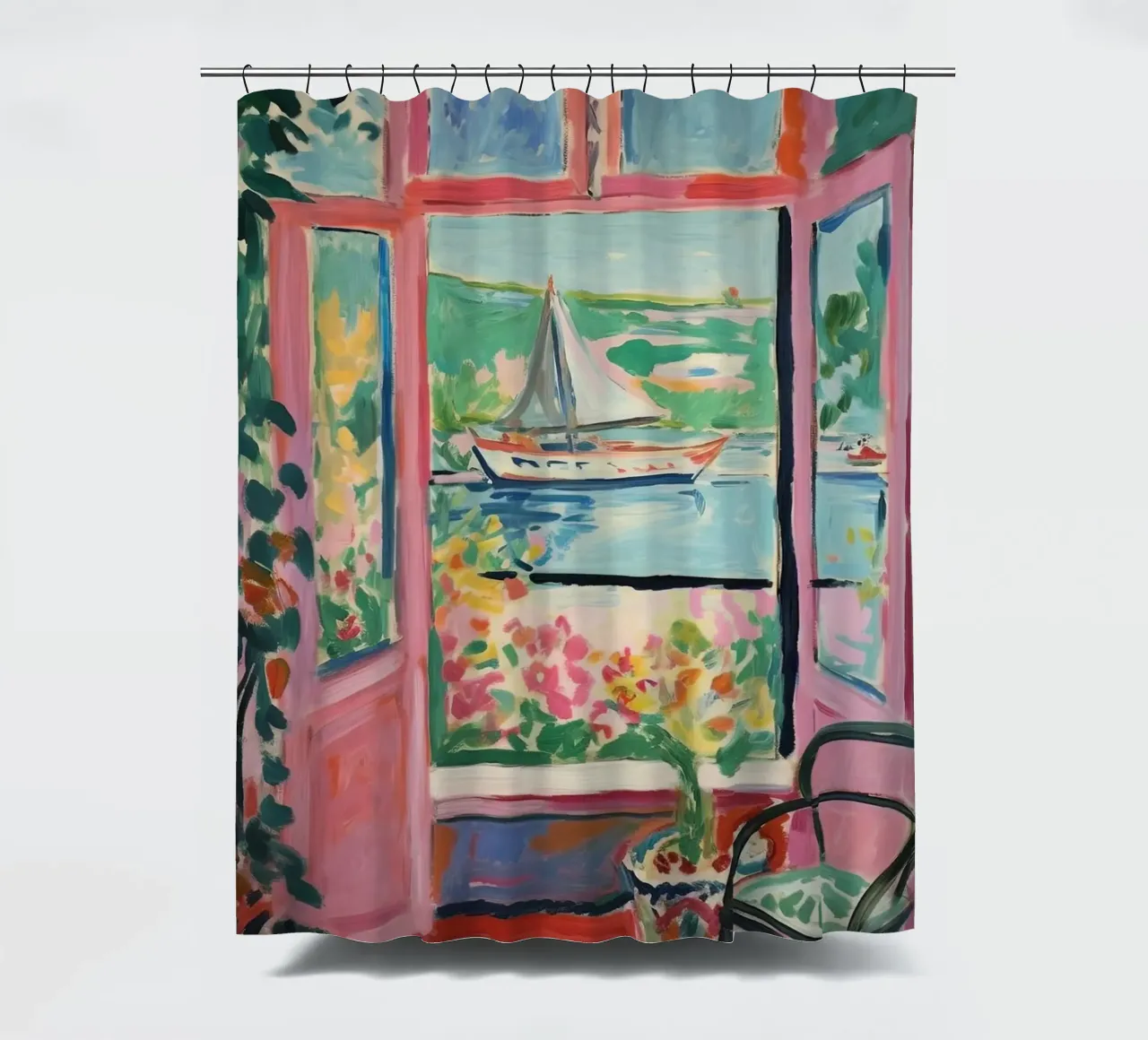 A window to the south: colours and lightness shower curtain by Nikis Art Studio