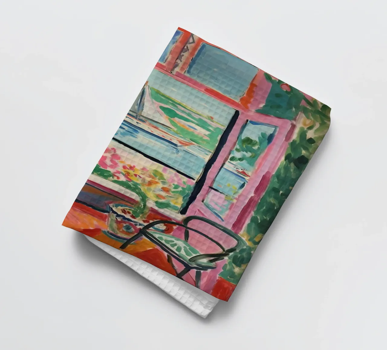 A window to the south: colours and lightness tea towel by Nikis Art Studio