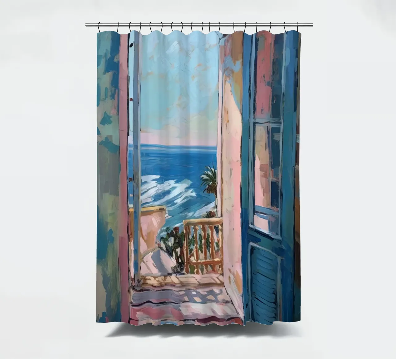 Where colours breathe: the open window shower curtain by Nikis Art Studio