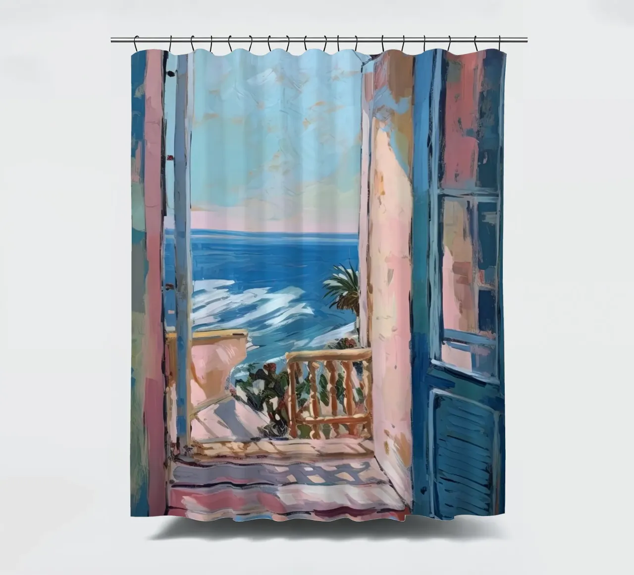 Where colours breathe: the open window shower curtain by Nikis Art Studio