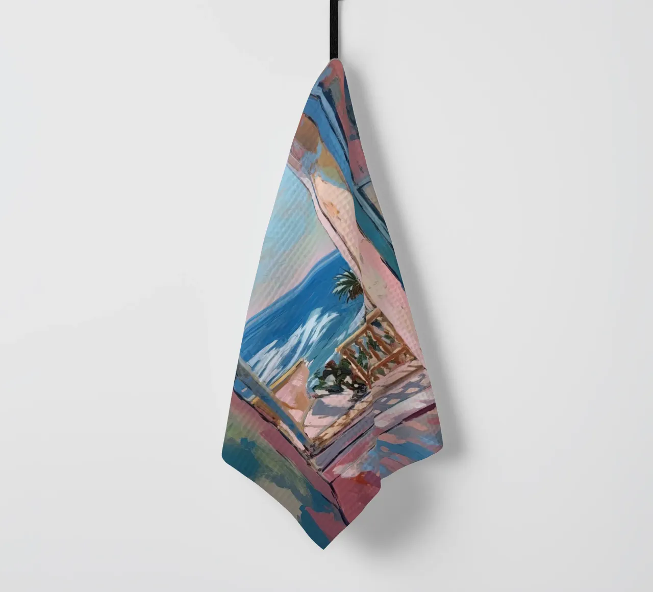 Where colours breathe: the open window tea towel by Nikis Art Studio