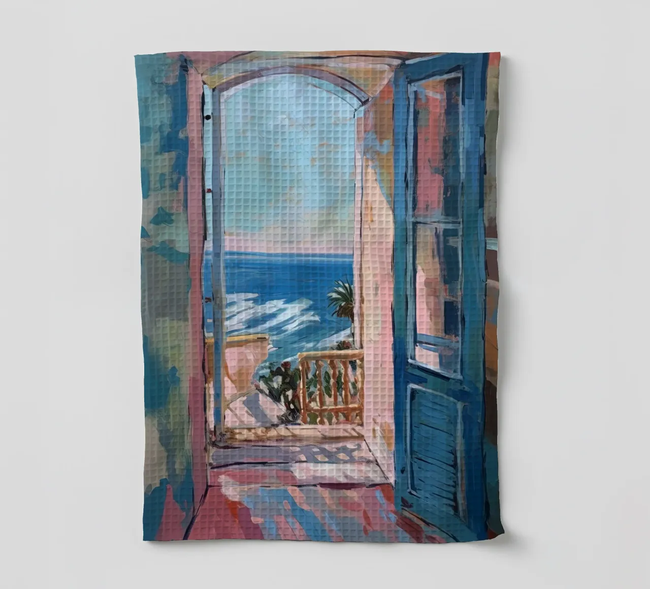 Where colours breathe: the open window tea towel by Nikis Art Studio