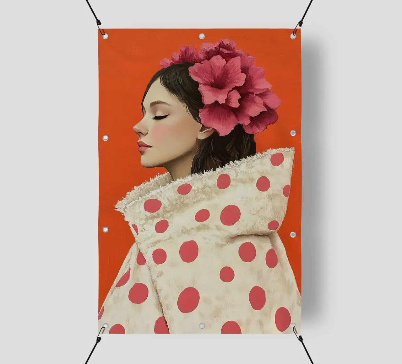 Donna con cappotto a pois telo in pvc da Carinaprint