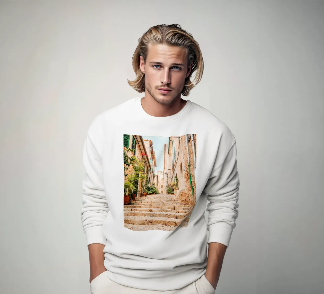 Mallorca - Steintreppe mit grünen Pflanzen in Fornalutx Sweatshirt von Bold and Retro