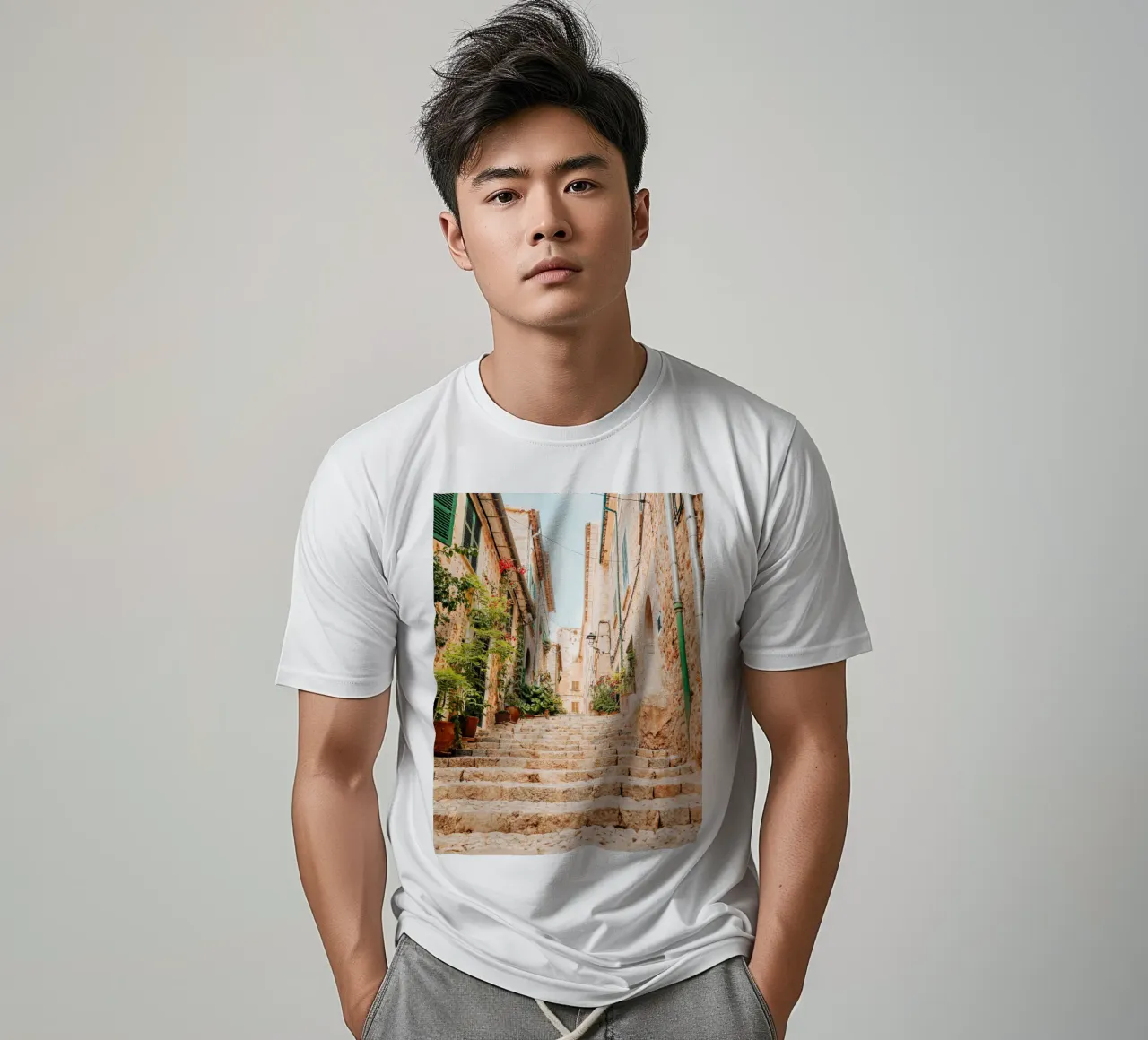 Maiorca - Scala in pietra con piante verdi a Fornalutx t-shirt da Bold and Retro