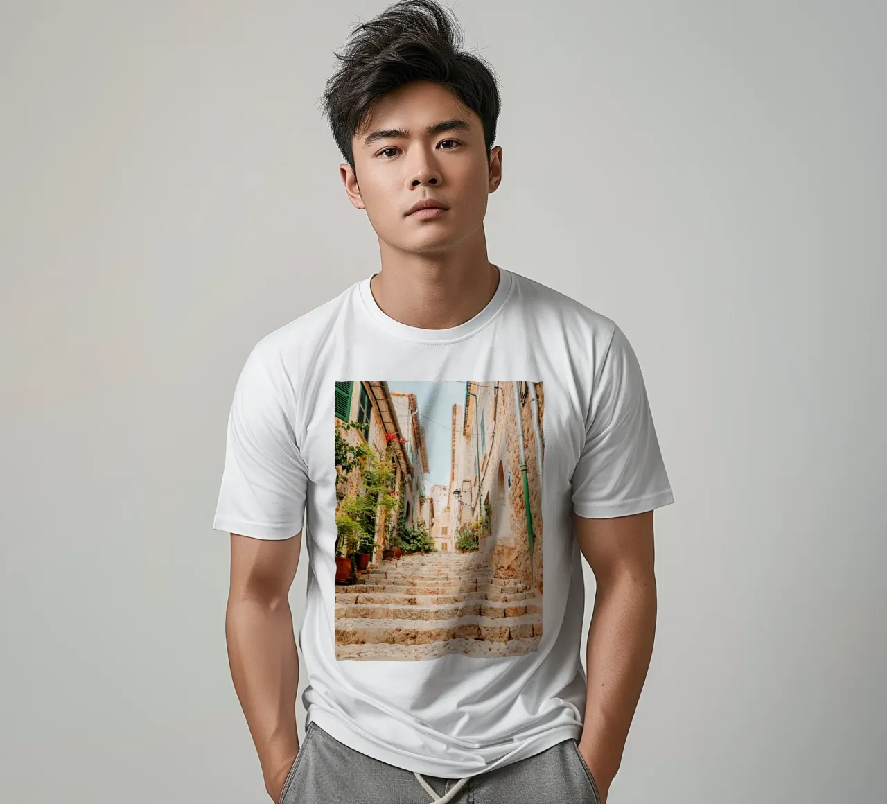 Majorque - Escalier en pierre avec plantes vertes à Fornalutx t-shirt de Bold and Retro