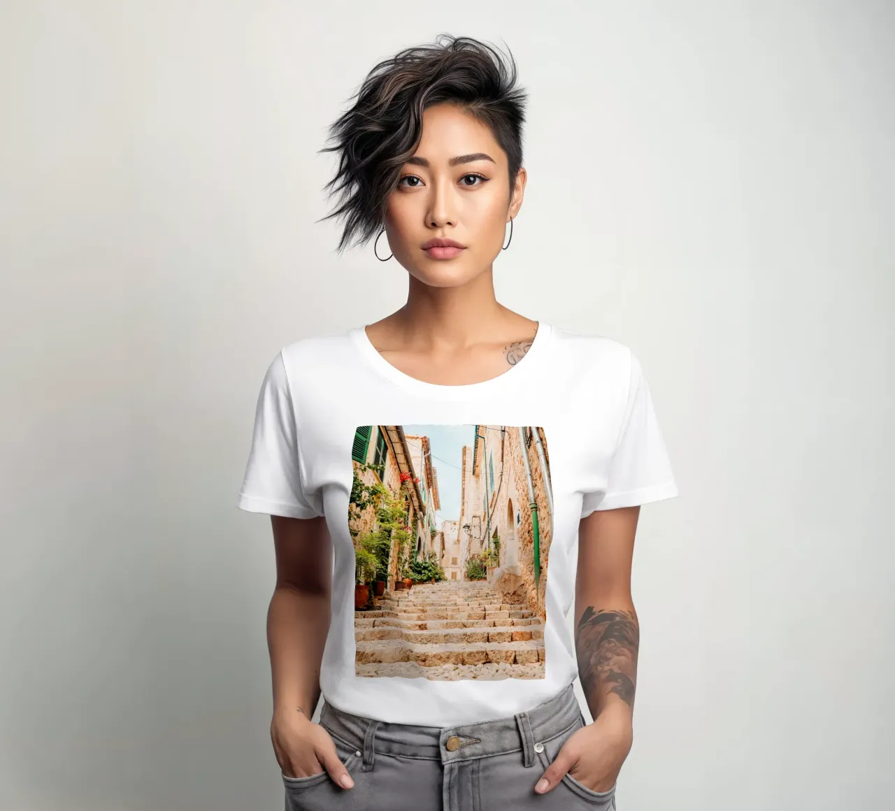 Maiorca - Scala in pietra con piante verdi a Fornalutx t-shirt da donna da Bold and Retro