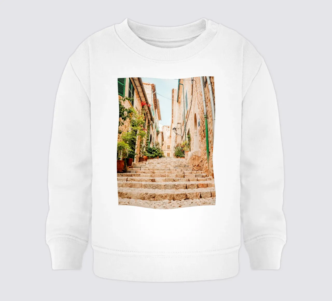 Mallorca - Stenen trap met groene planten in Fornalutx baby sweatshirt van Bold and Retro