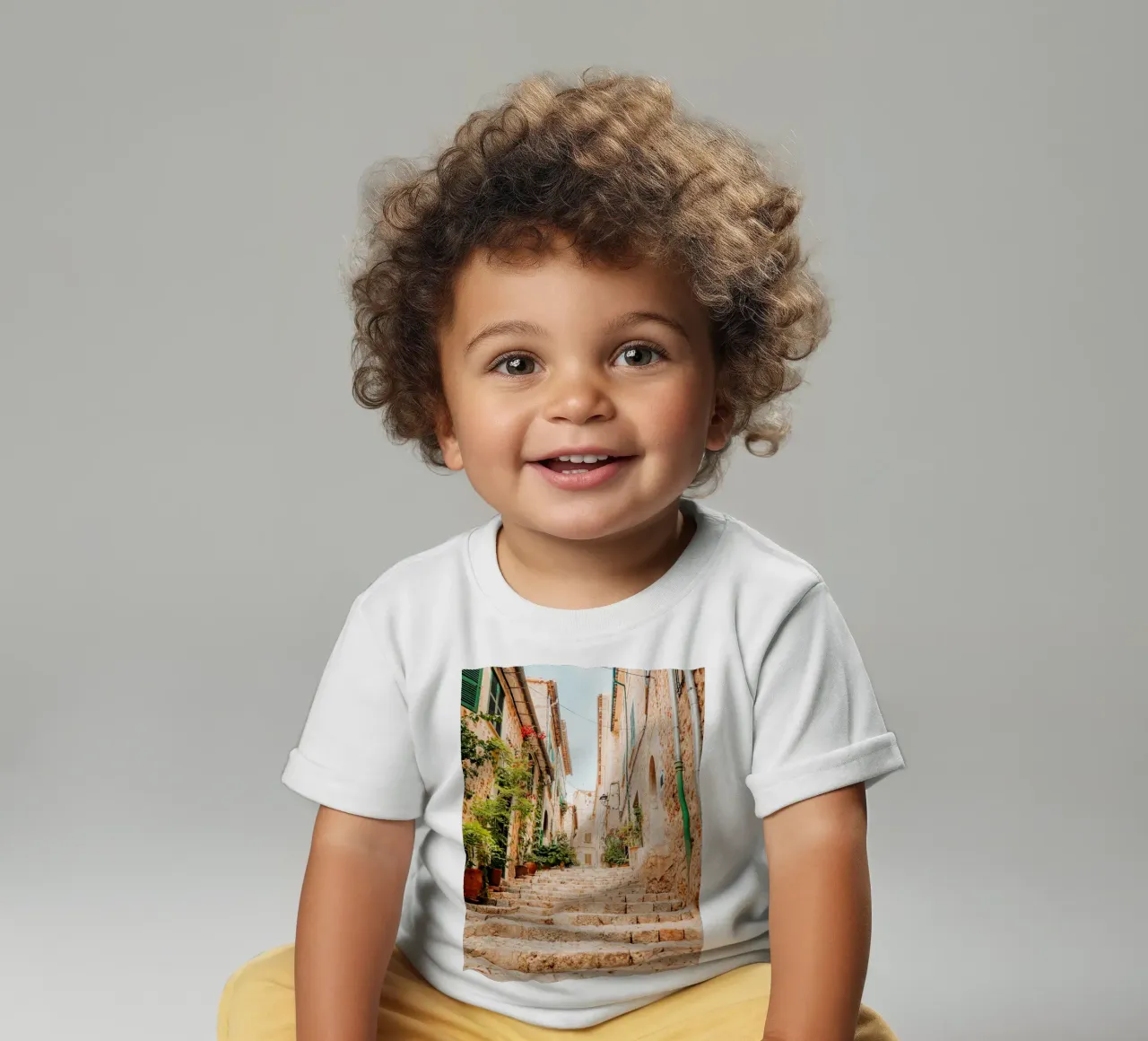 Mallorca - Steintreppe mit grünen Pflanzen in Fornalutx Baby T-Shirt von Bold and Retro