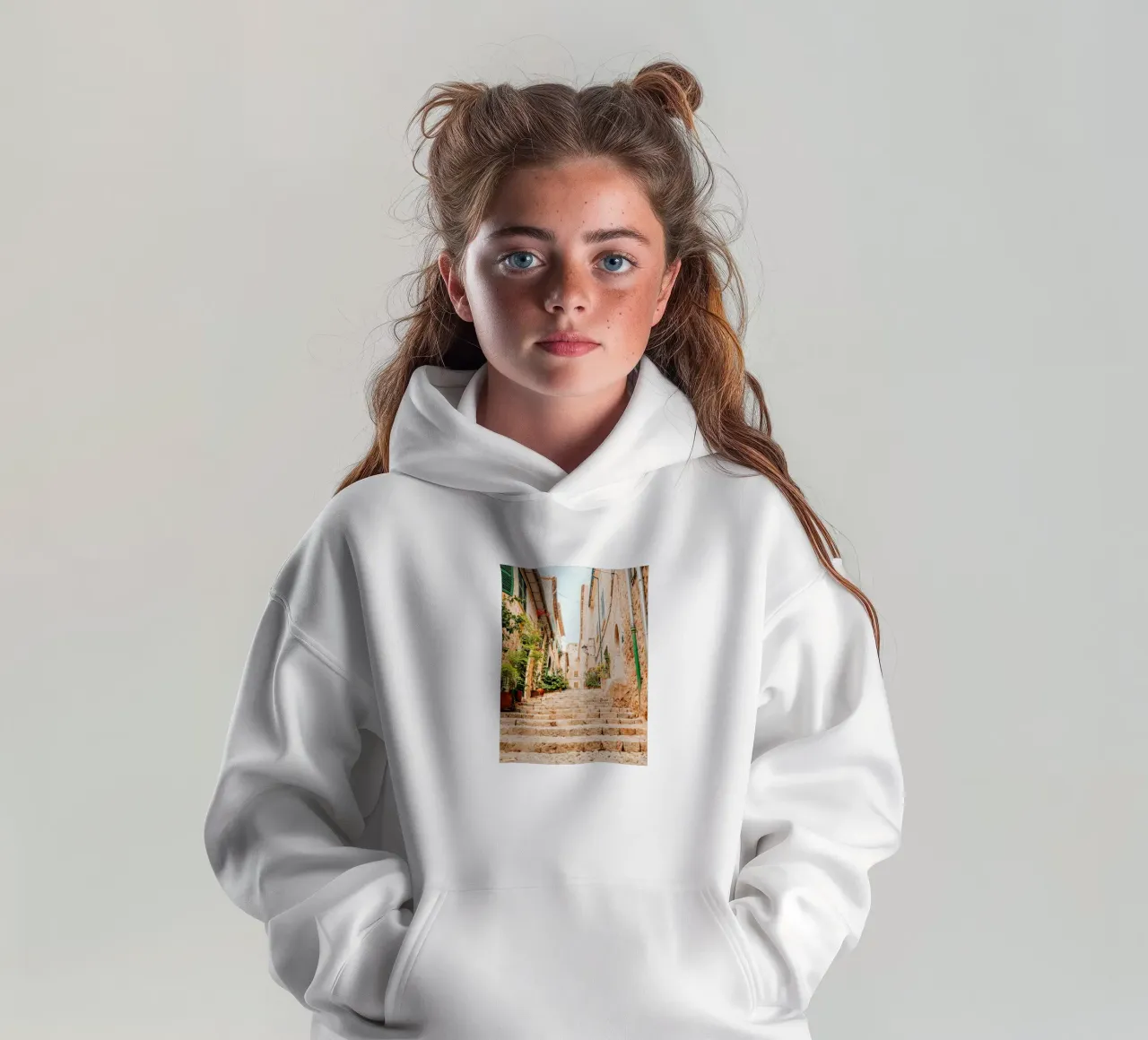 Mallorca - Escalera de piedra con plantas verdes en Fornalutx sudadera con capucha para niño de Bold and Retro