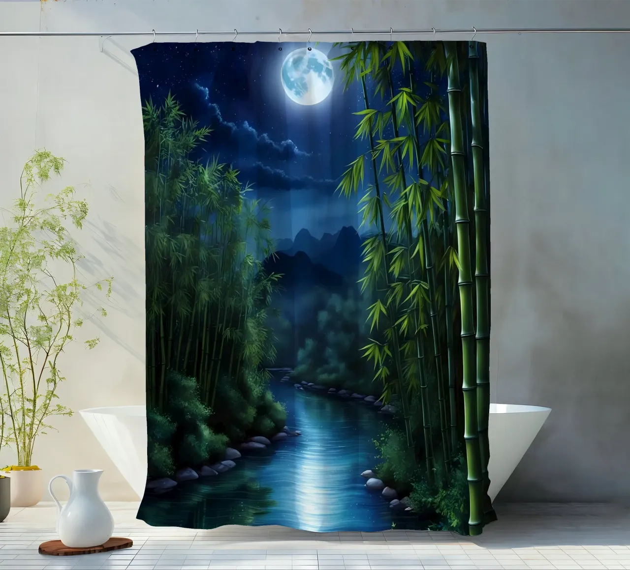 Bambus Mondscheinnacht Duschvorhang von Artistic-shop