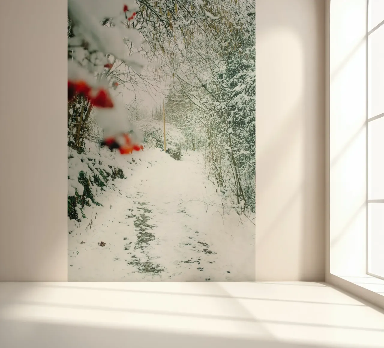 Paysage hivernal de la Suisse saxonne - chemin forestier avec neige papier peint photo de Bold and Retro