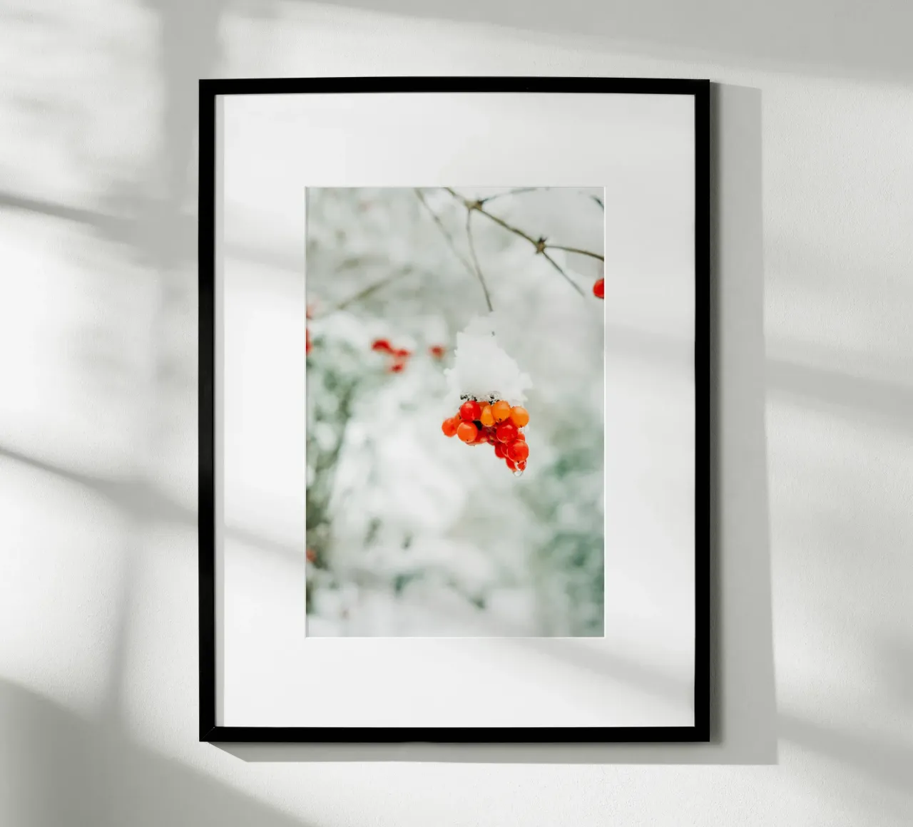 Bacche rosse invernali con neve per gli amanti della natura e dell'inverno poster con telaio in plastica da Bold and Retro