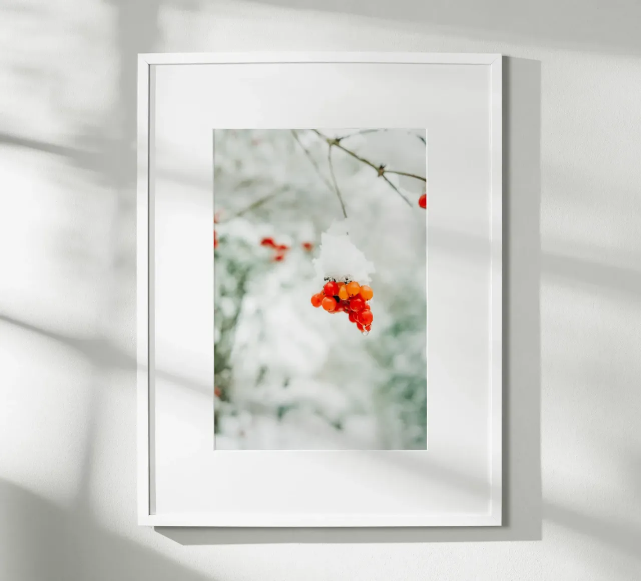 Bacche rosse invernali con neve per gli amanti della natura e dell'inverno poster con telaio in plastica da Bold and Retro
