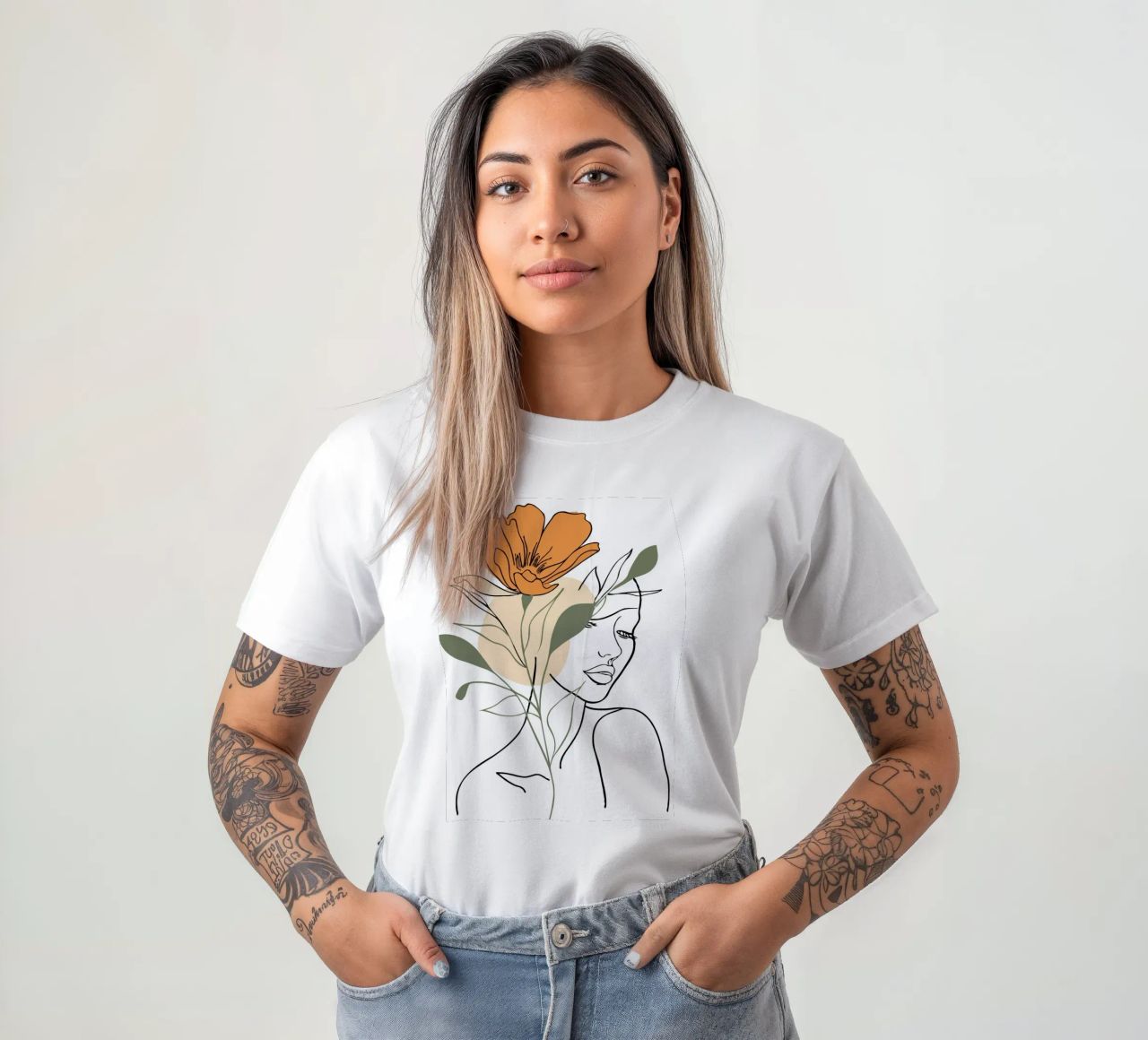Serene face intertwined with a large orange flower t-shirt da LisaArtes