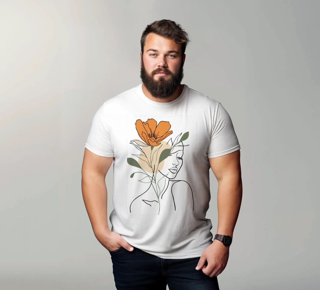 Serene face intertwined with a large orange flower t-shirt da LisaArtes
