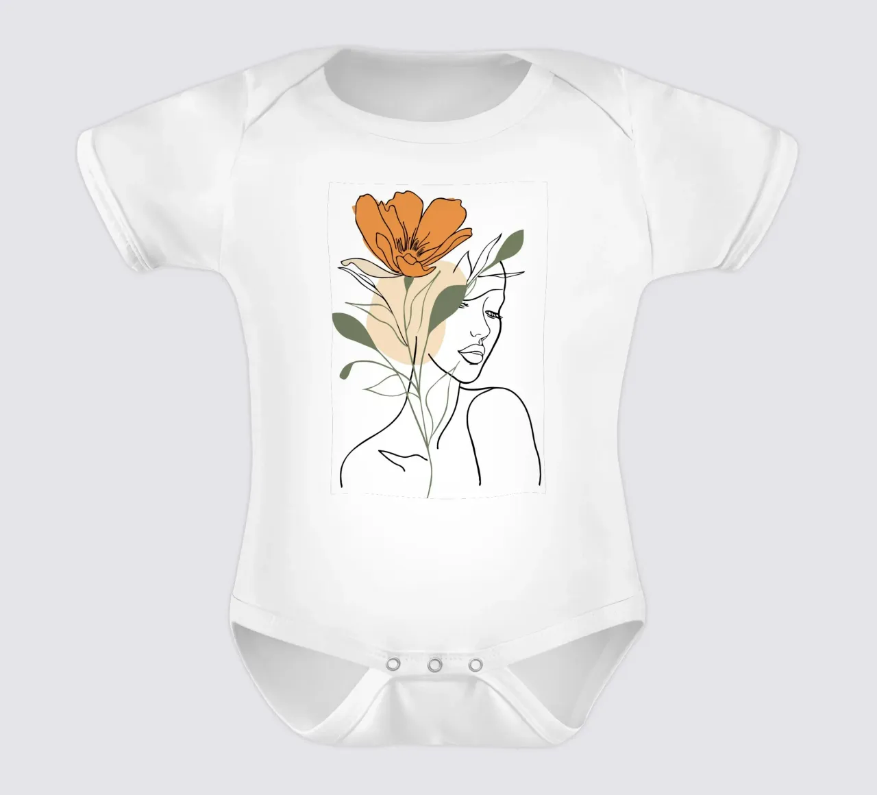 Serene face intertwined with a large orange flower body neonato maniche corte da LisaArtes