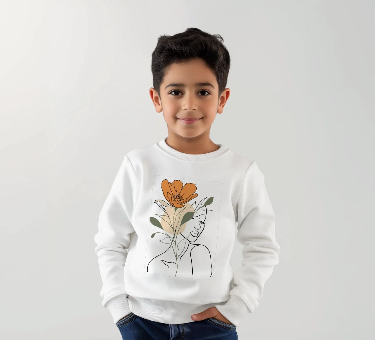 Serene face intertwined with a large orange flower felpa bambino da LisaArtes