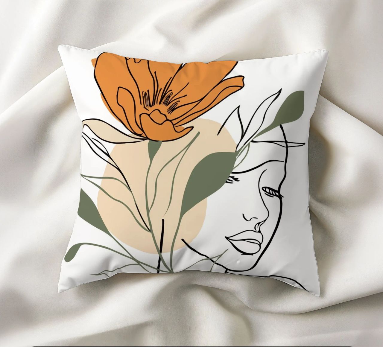 Serene face intertwined with a large orange flower cuscino da LisaArtes