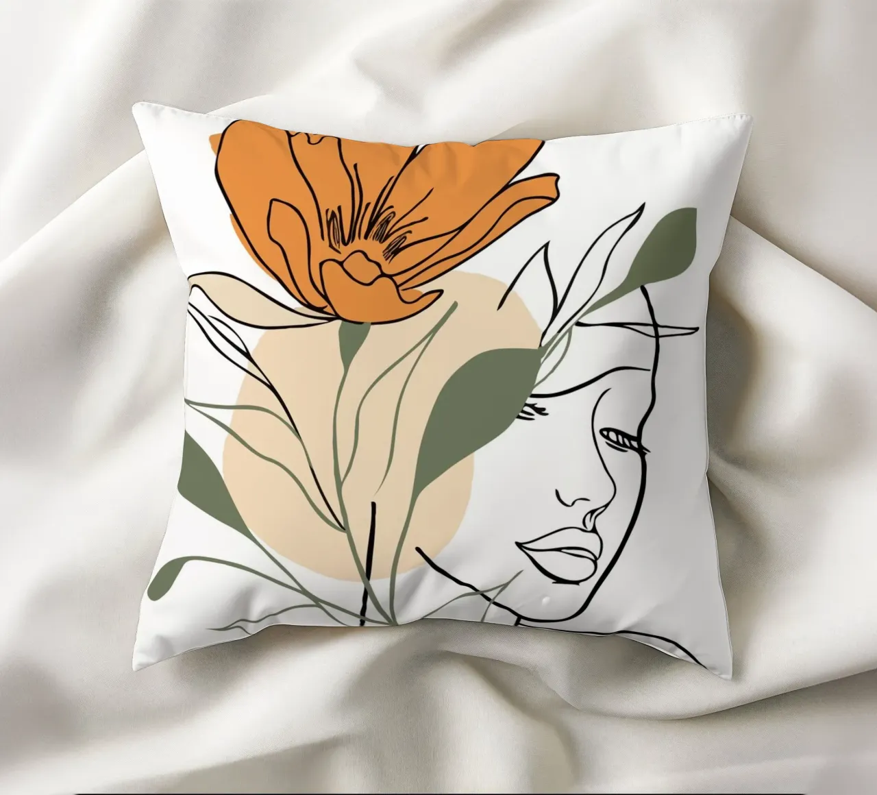 Serene face intertwined with a large orange flower cojín de LisaArtes
