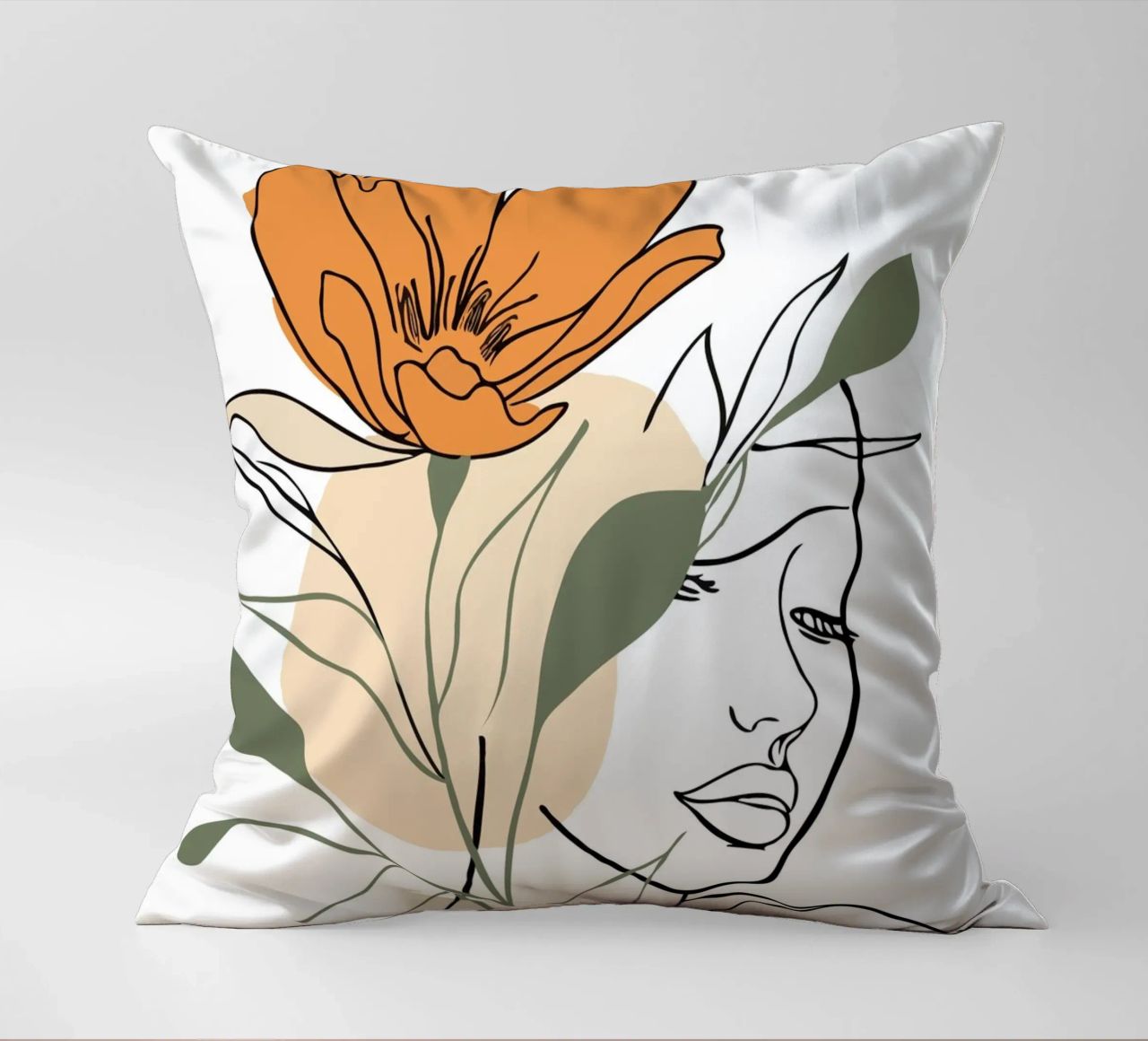 Serene face intertwined with a large orange flower cuscino da LisaArtes