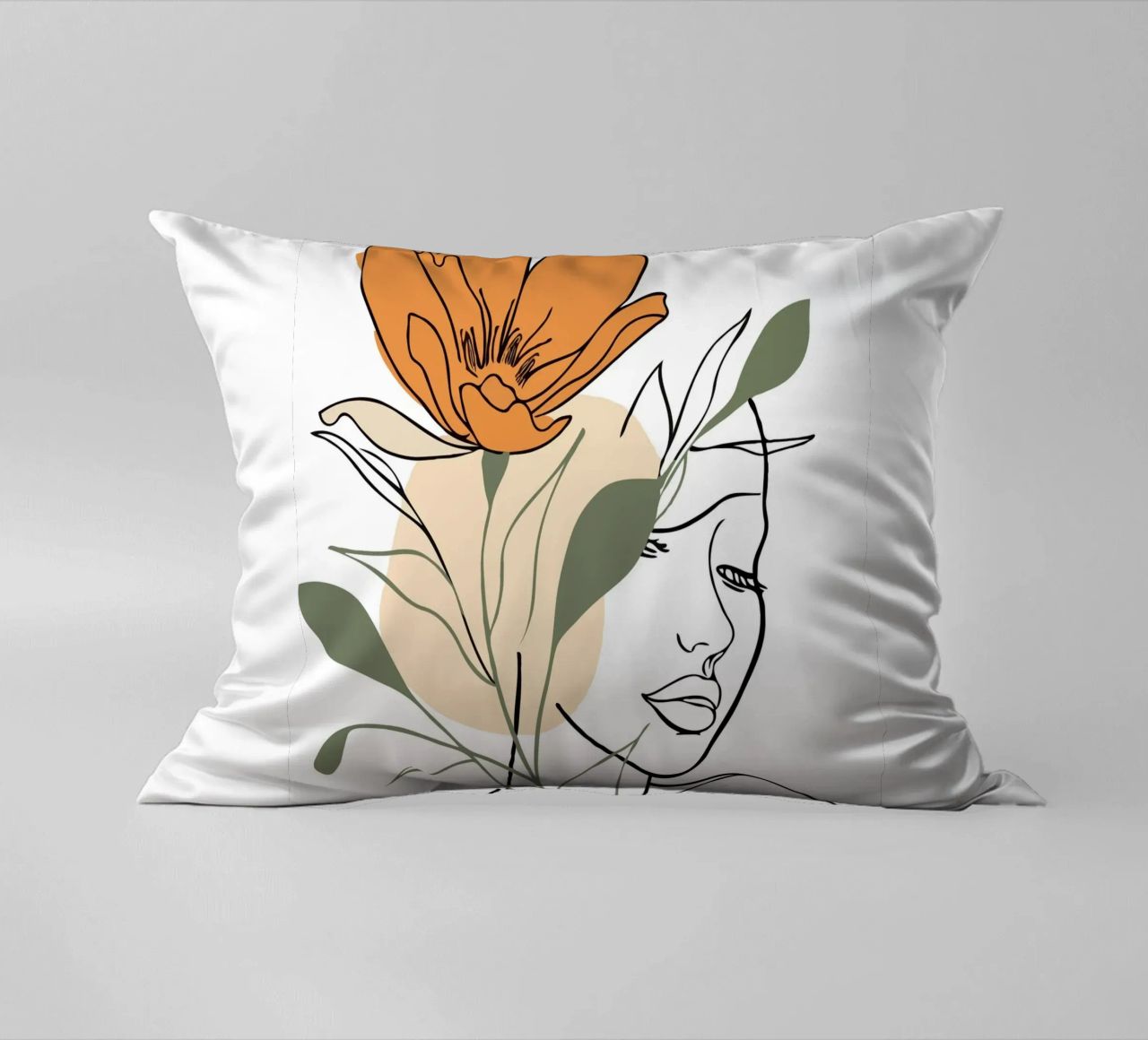 Serene face intertwined with a large orange flower cuscino da LisaArtes