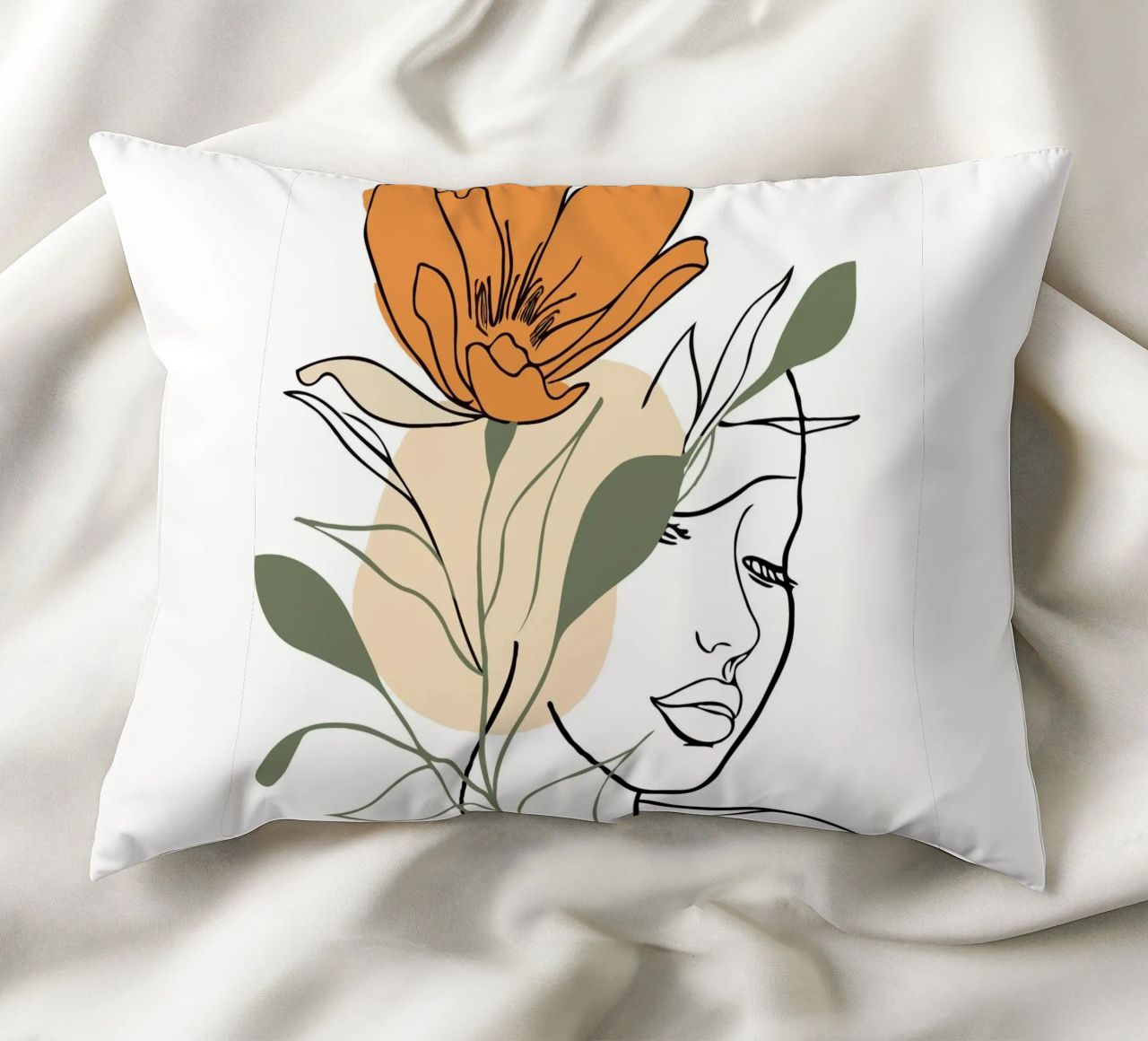 Serene face intertwined with a large orange flower cuscino da LisaArtes