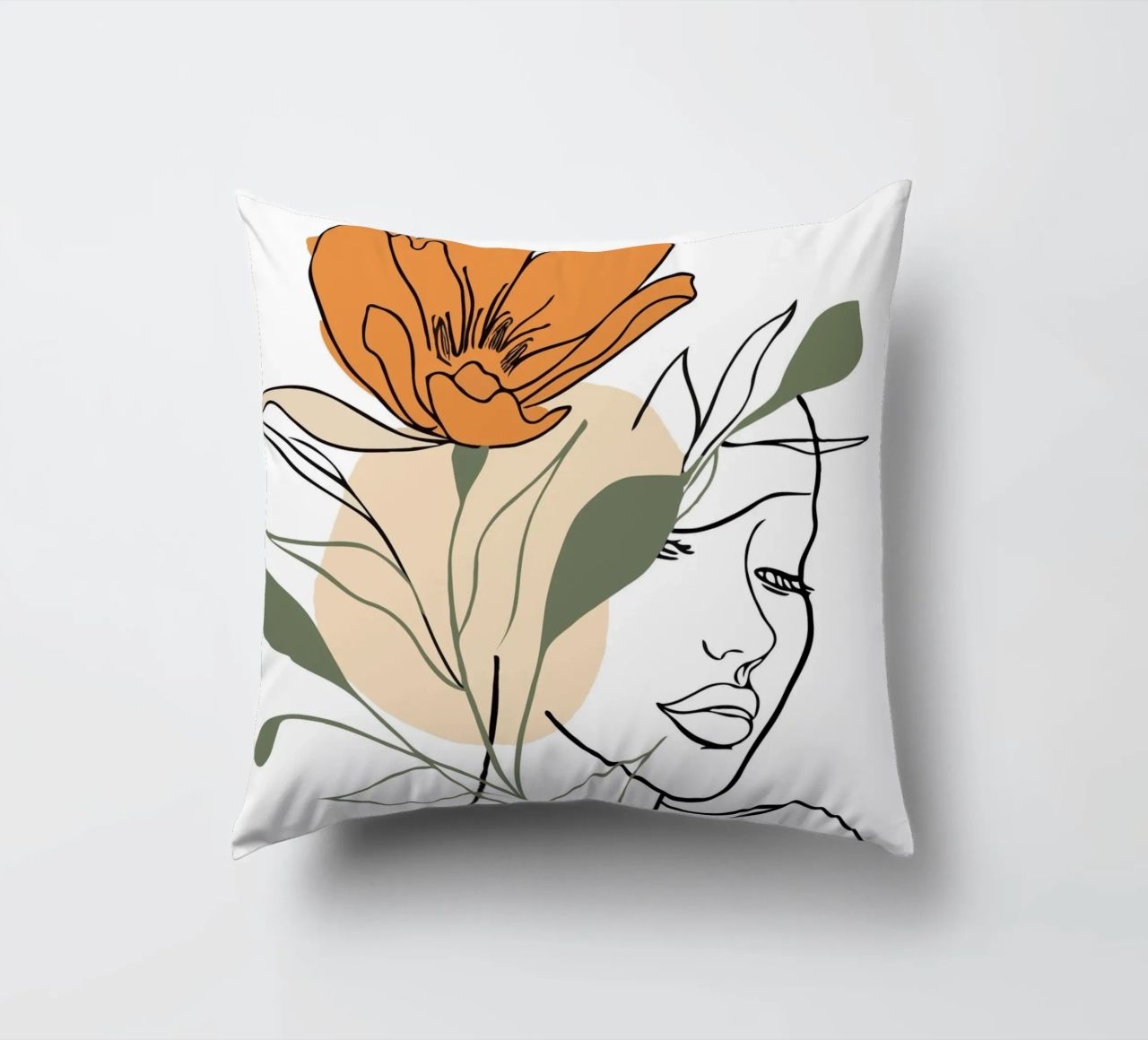 Serene face intertwined with a large orange flower cuscino da LisaArtes