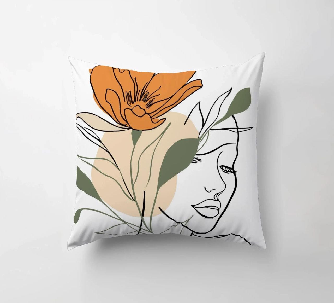 Serene face intertwined with a large orange flower cuscino da LisaArtes