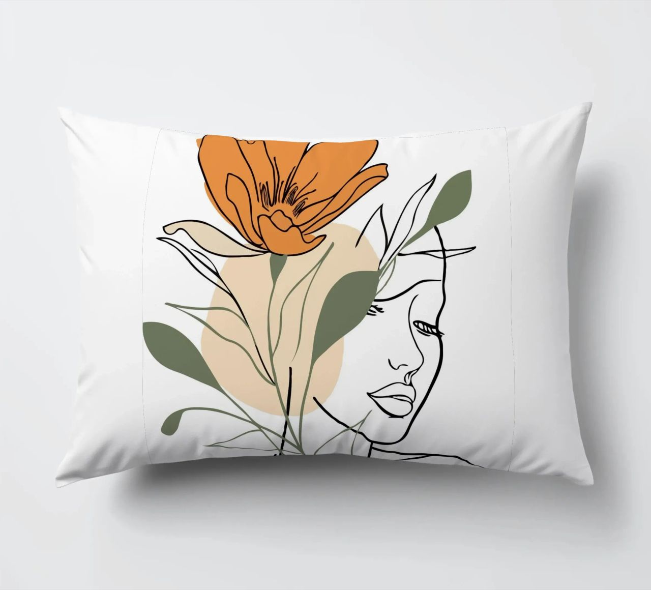 Serene face intertwined with a large orange flower cuscino da LisaArtes