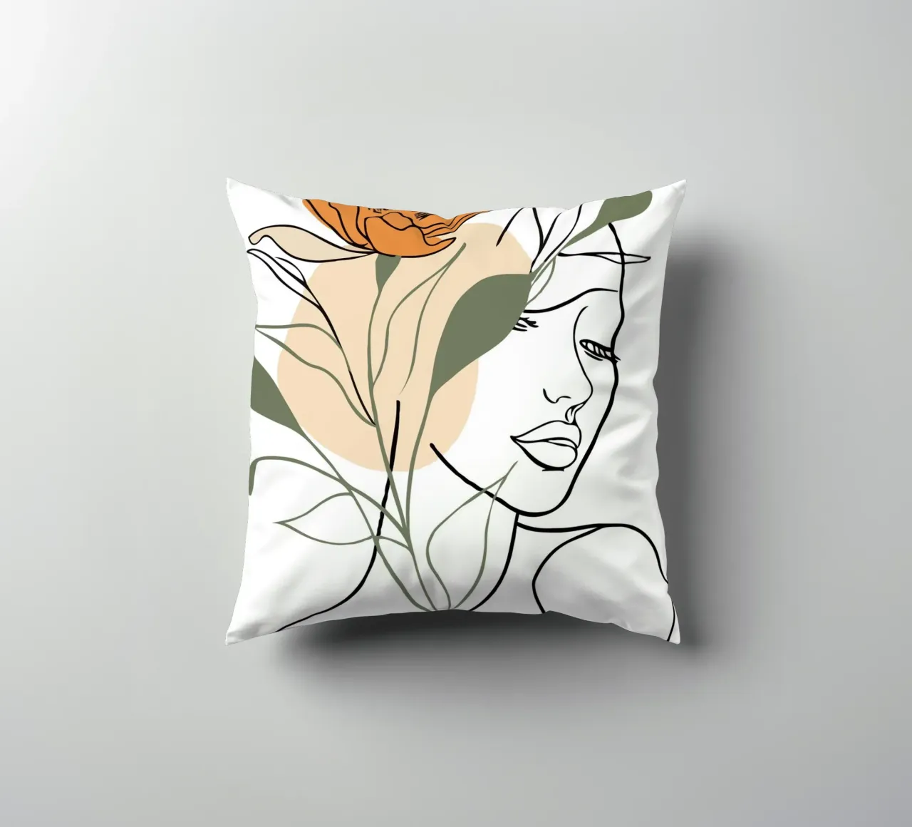 Serene face intertwined with a large orange flower cojín de LisaArtes
