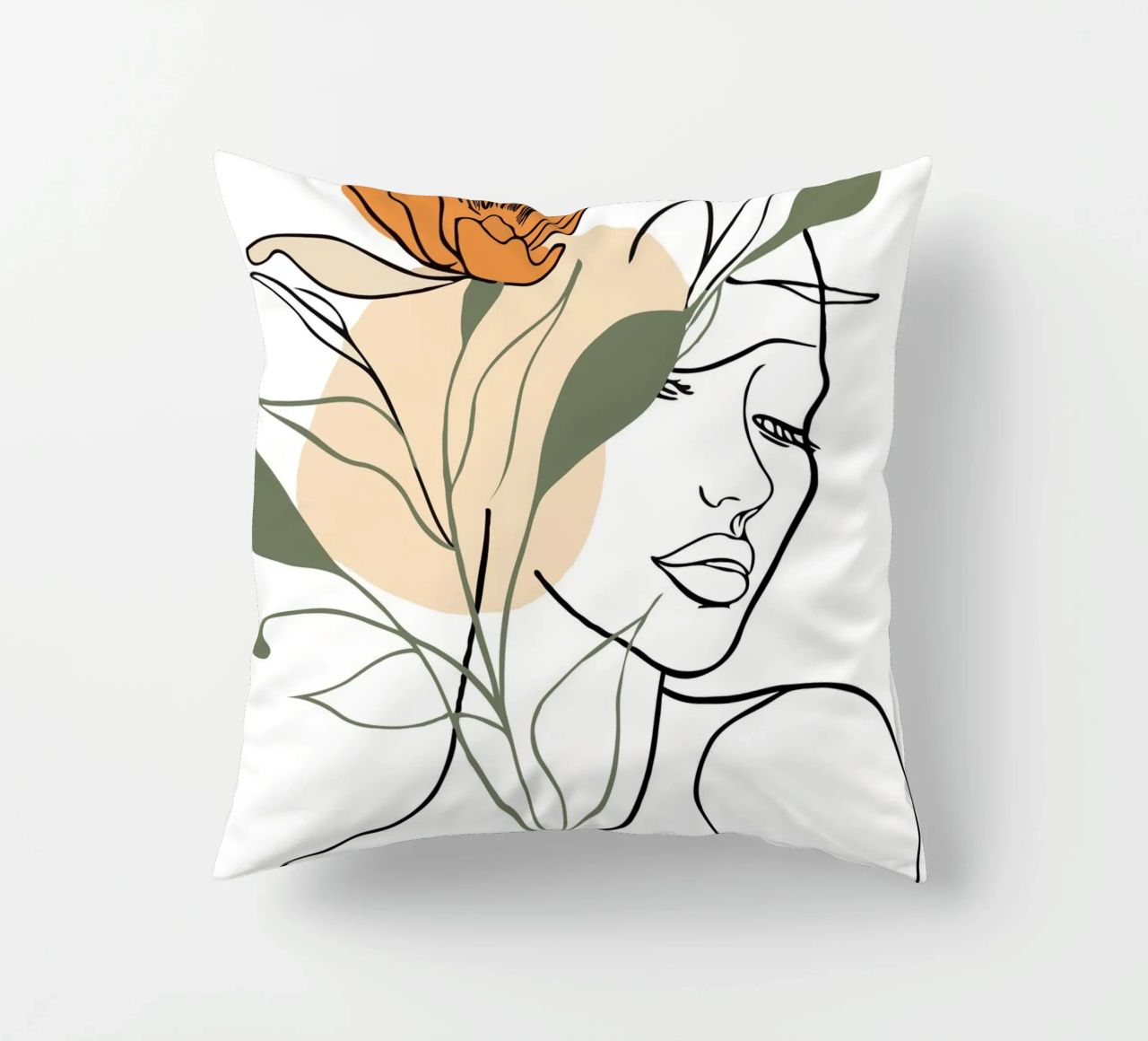 Serene face intertwined with a large orange flower cuscino da LisaArtes