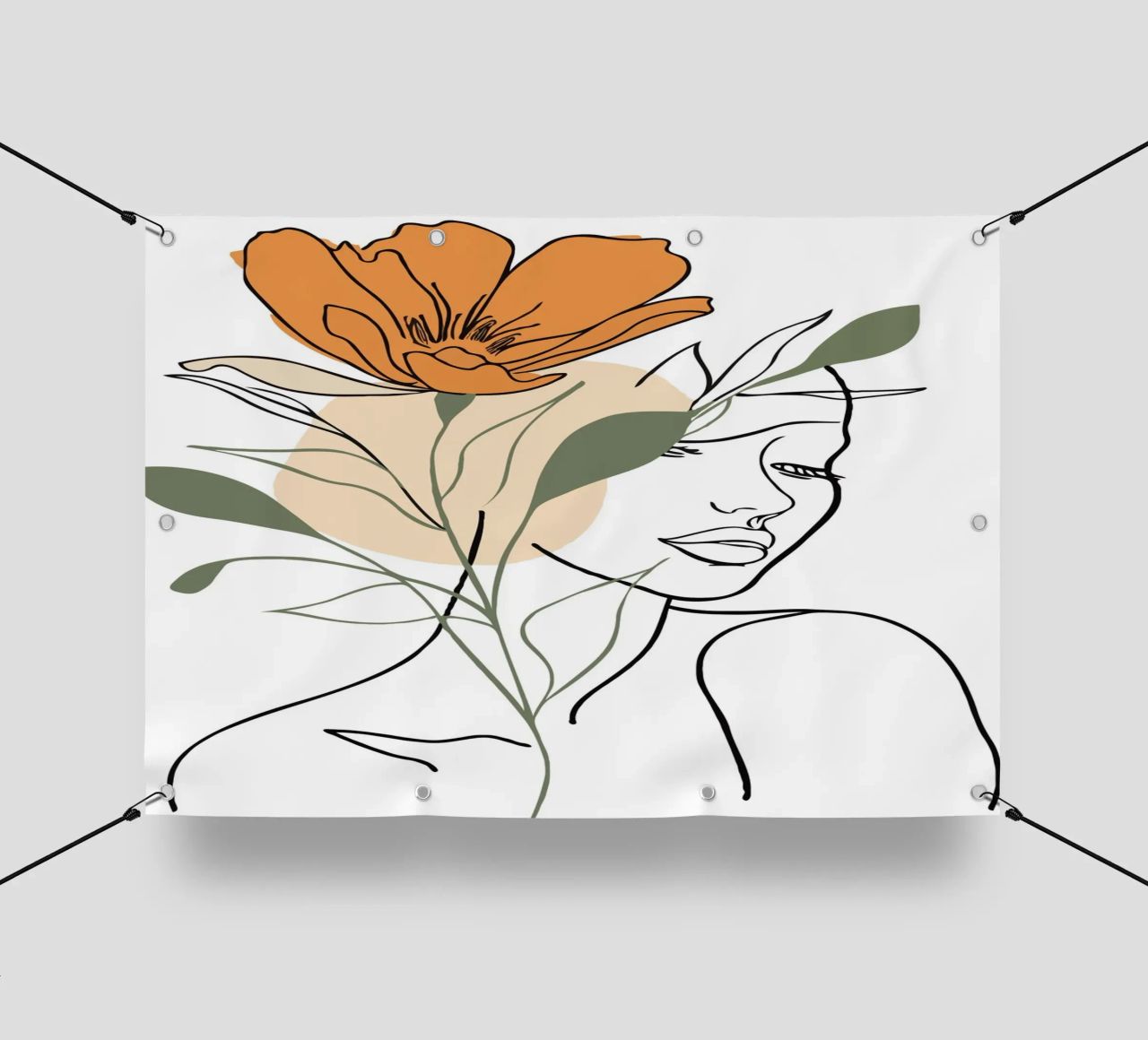 Serene face intertwined with a large orange flower telo in pvc da LisaArtes
