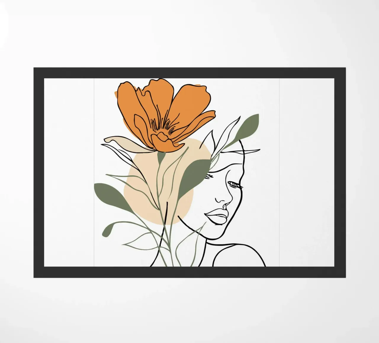 Serene face intertwined with a large orange flower felpudo de LisaArtes