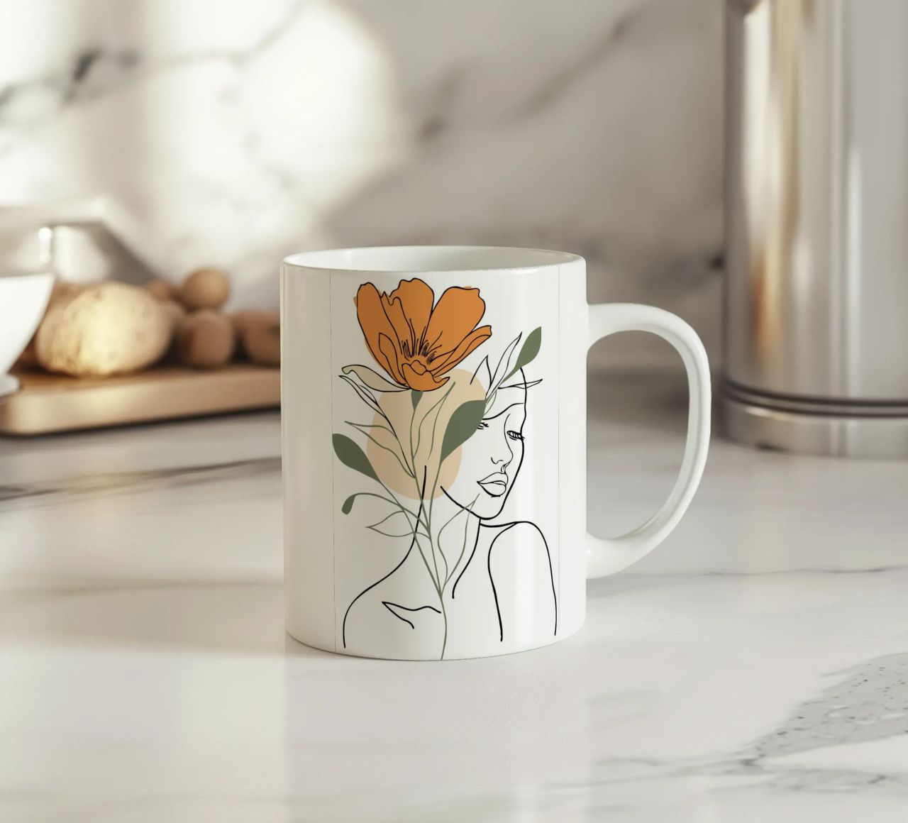 Serene face intertwined with a large orange flower tazza in ceramica da LisaArtes