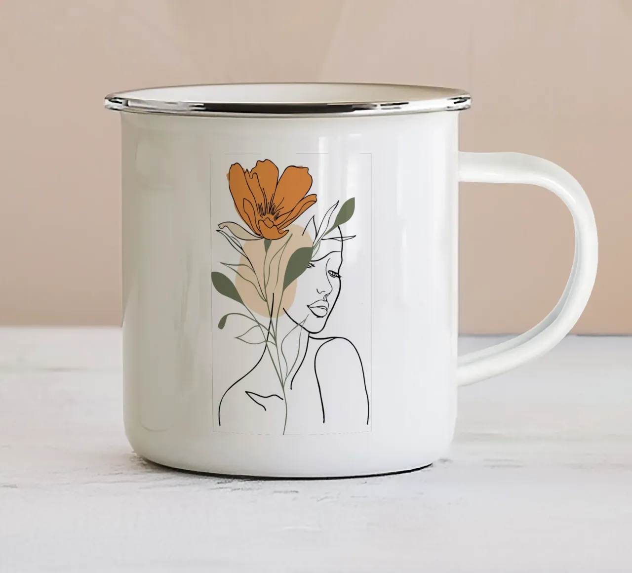 Serene face intertwined with a large orange flower Emaille Tasse von LisaArtes