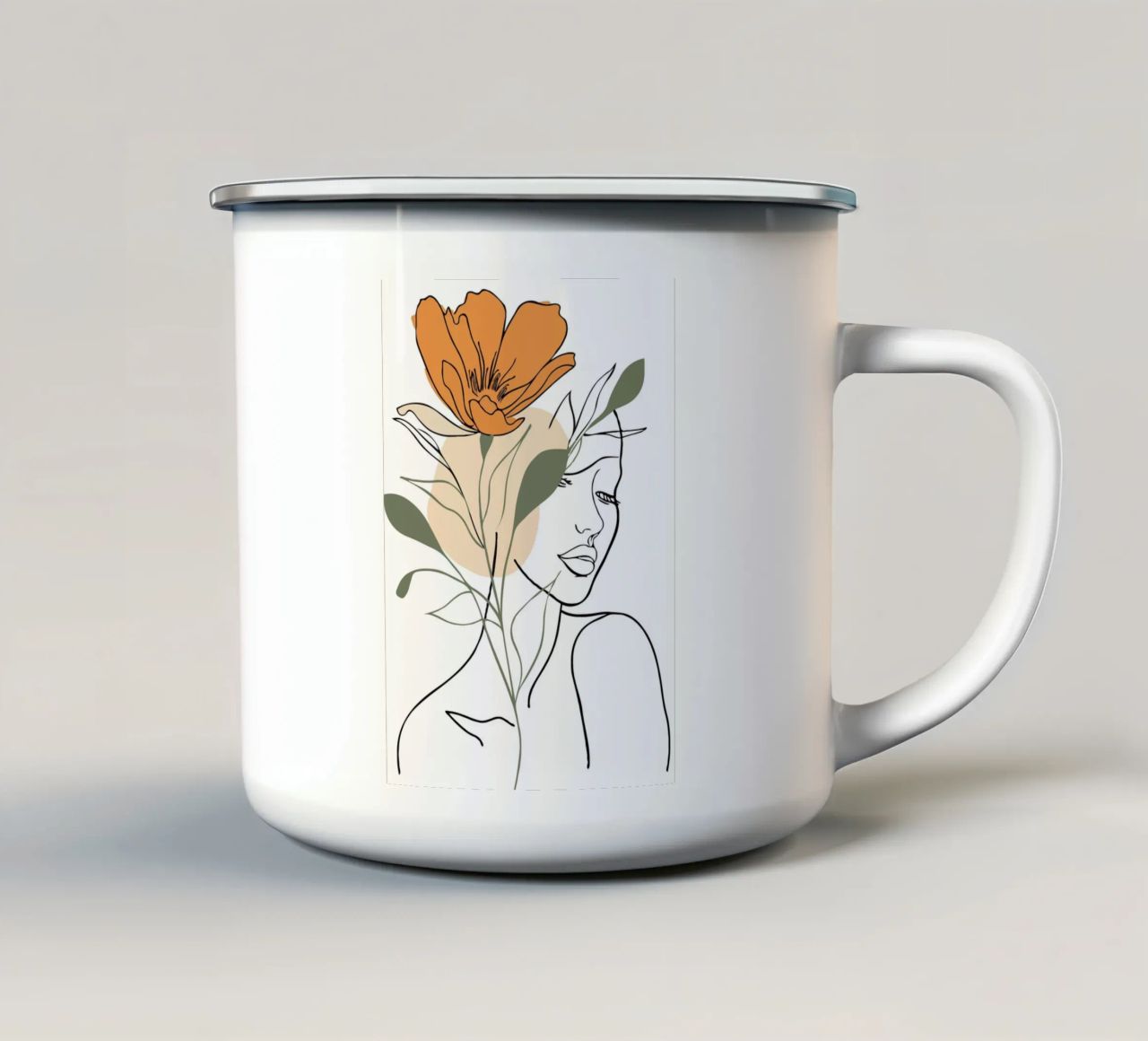 Serene face intertwined with a large orange flower tazza in smalto da LisaArtes