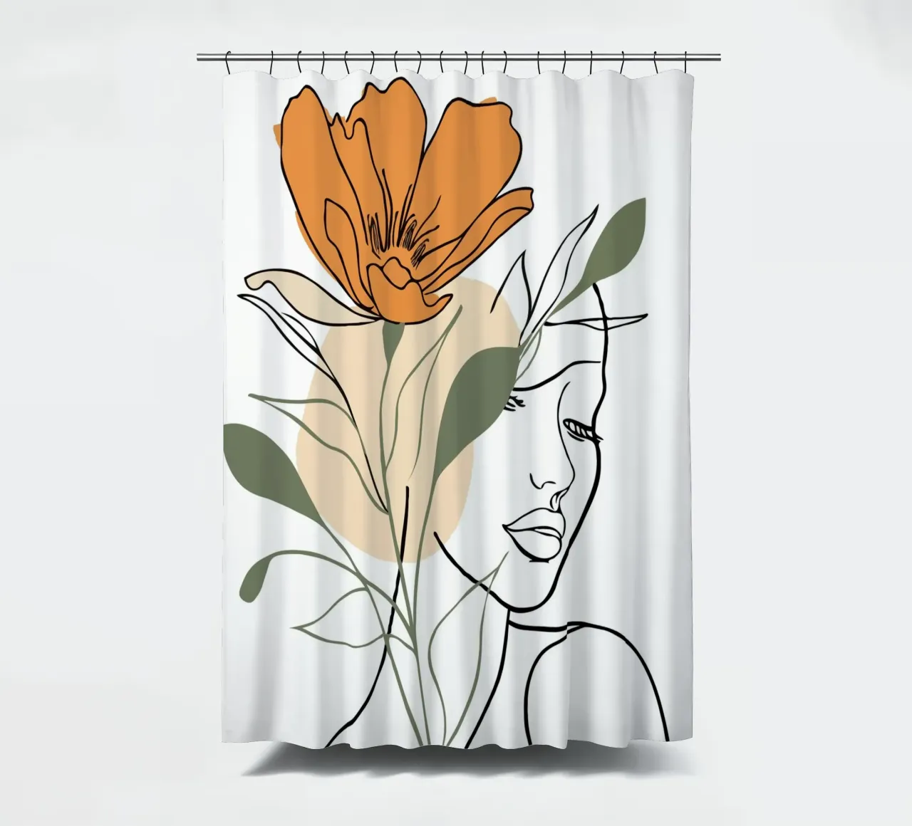 Serene face intertwined with a large orange flower tenda da doccia da LisaArtes