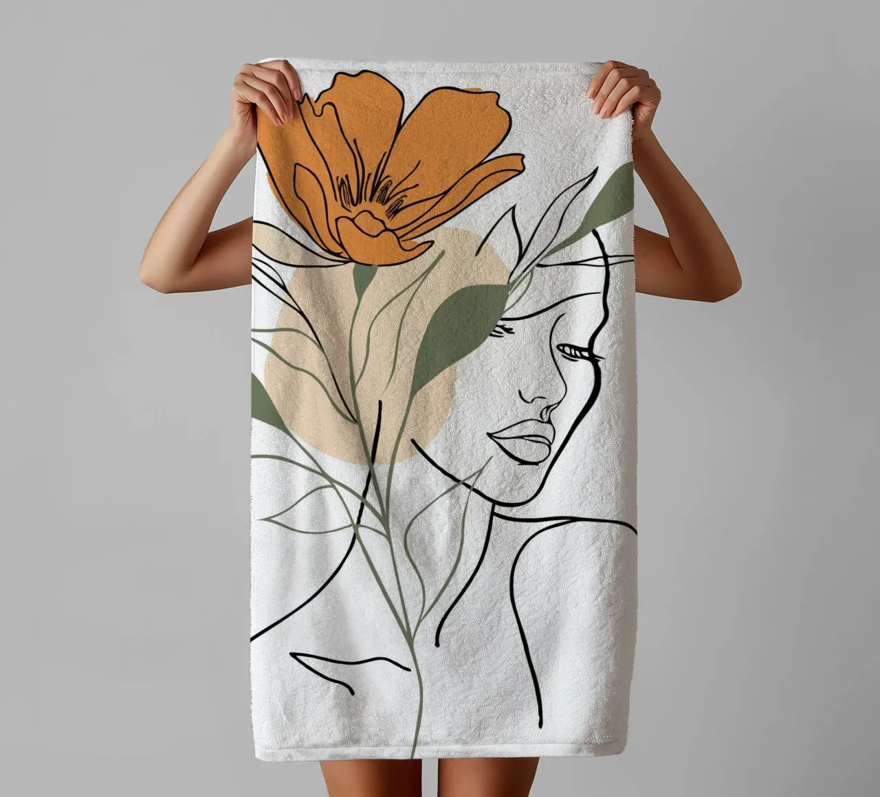 Serene face intertwined with a large orange flower toalla de baño de LisaArtes