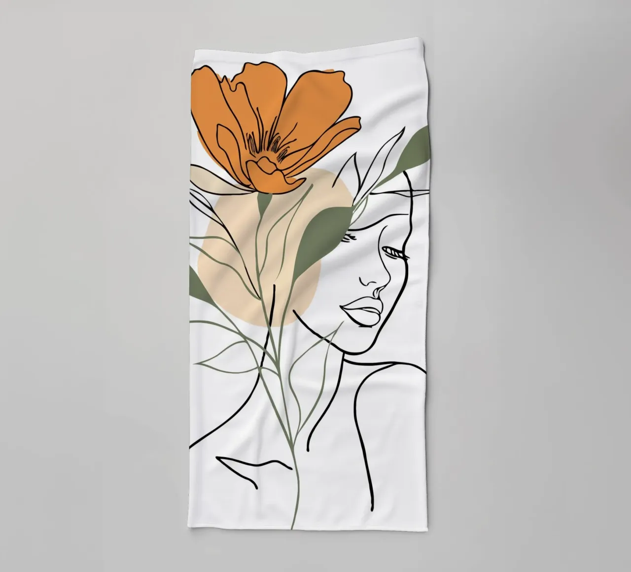 Serene face intertwined with a large orange flower toalla de baño de LisaArtes