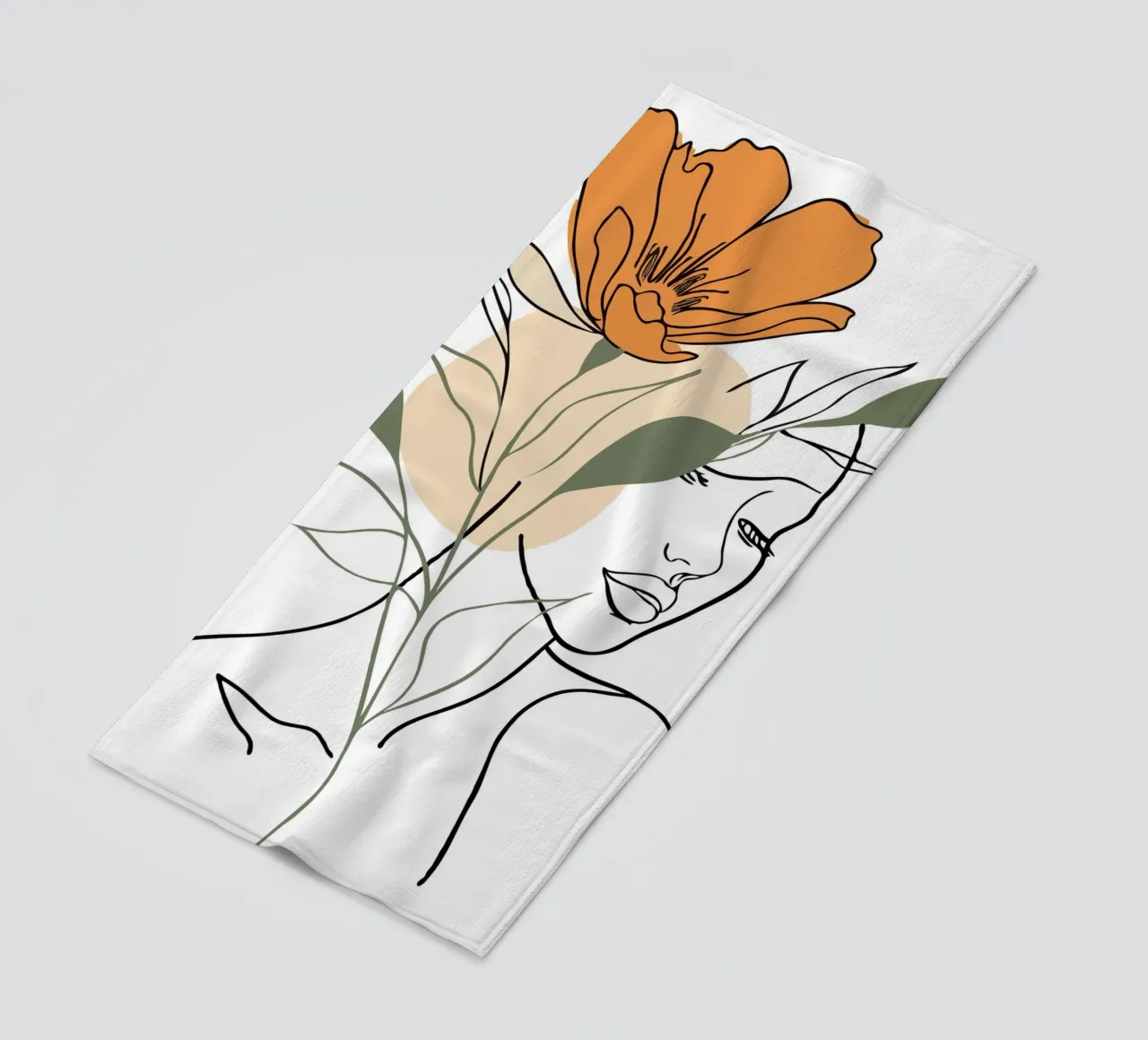 Serene face intertwined with a large orange flower toalla de playa de LisaArtes