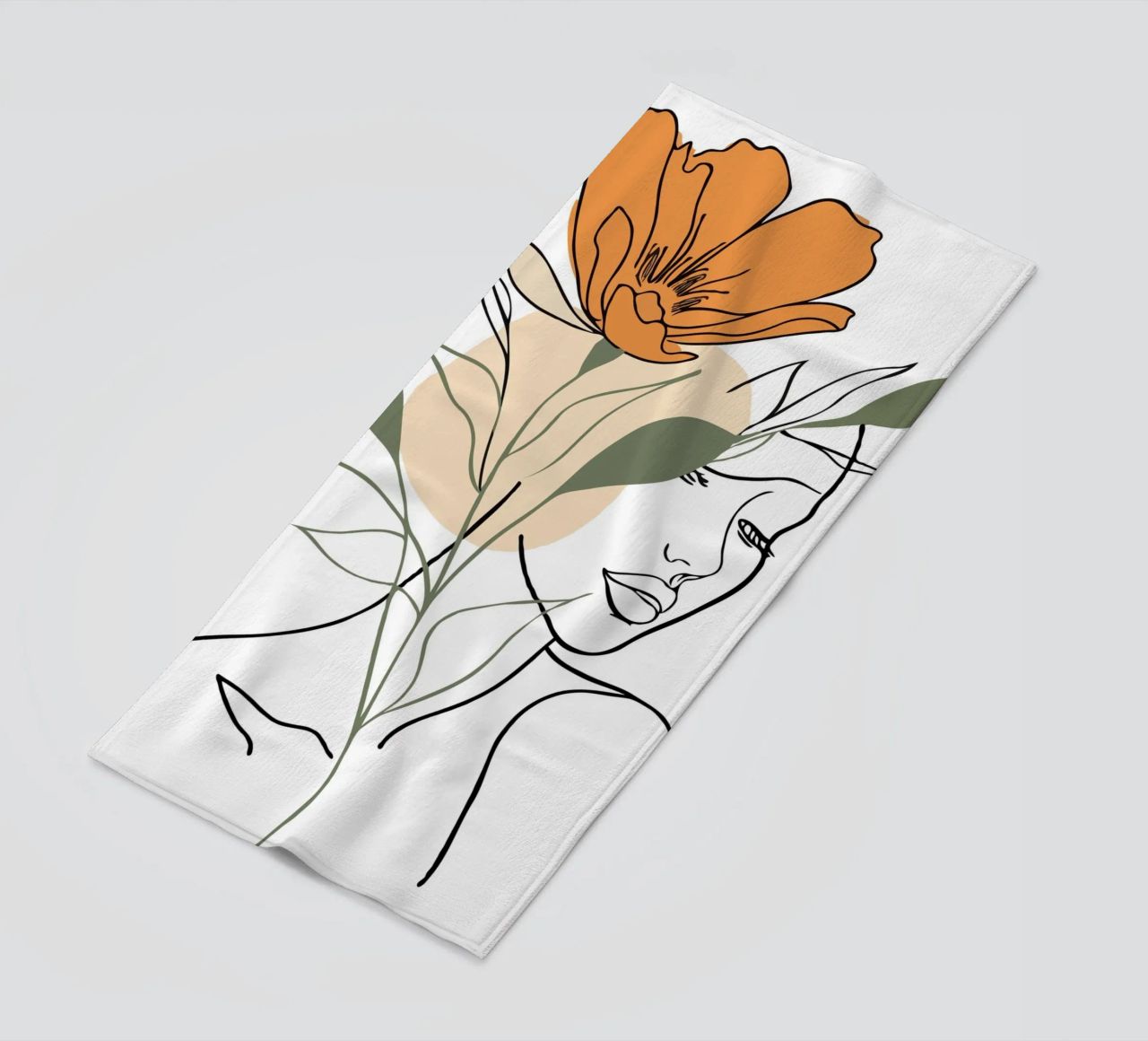 Serene face intertwined with a large orange flower telo mare da LisaArtes