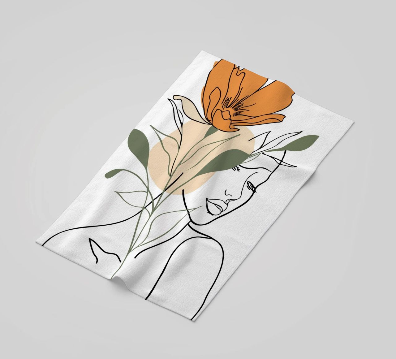 Serene face intertwined with a large orange flower telo mare da LisaArtes