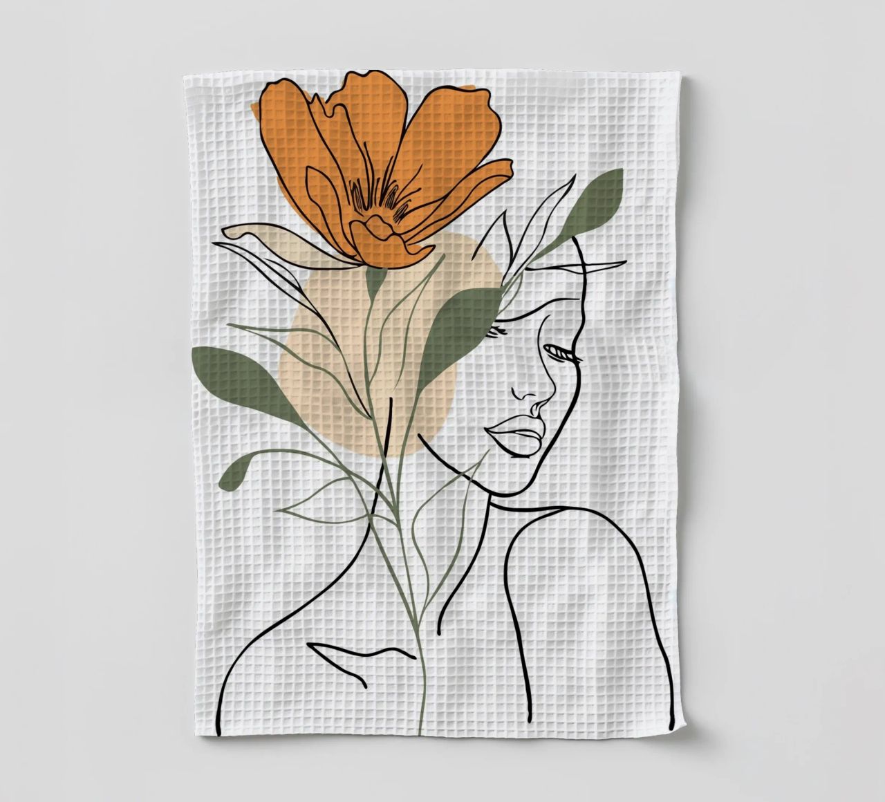 Serene face intertwined with a large orange flower canovaccio da cucina da LisaArtes