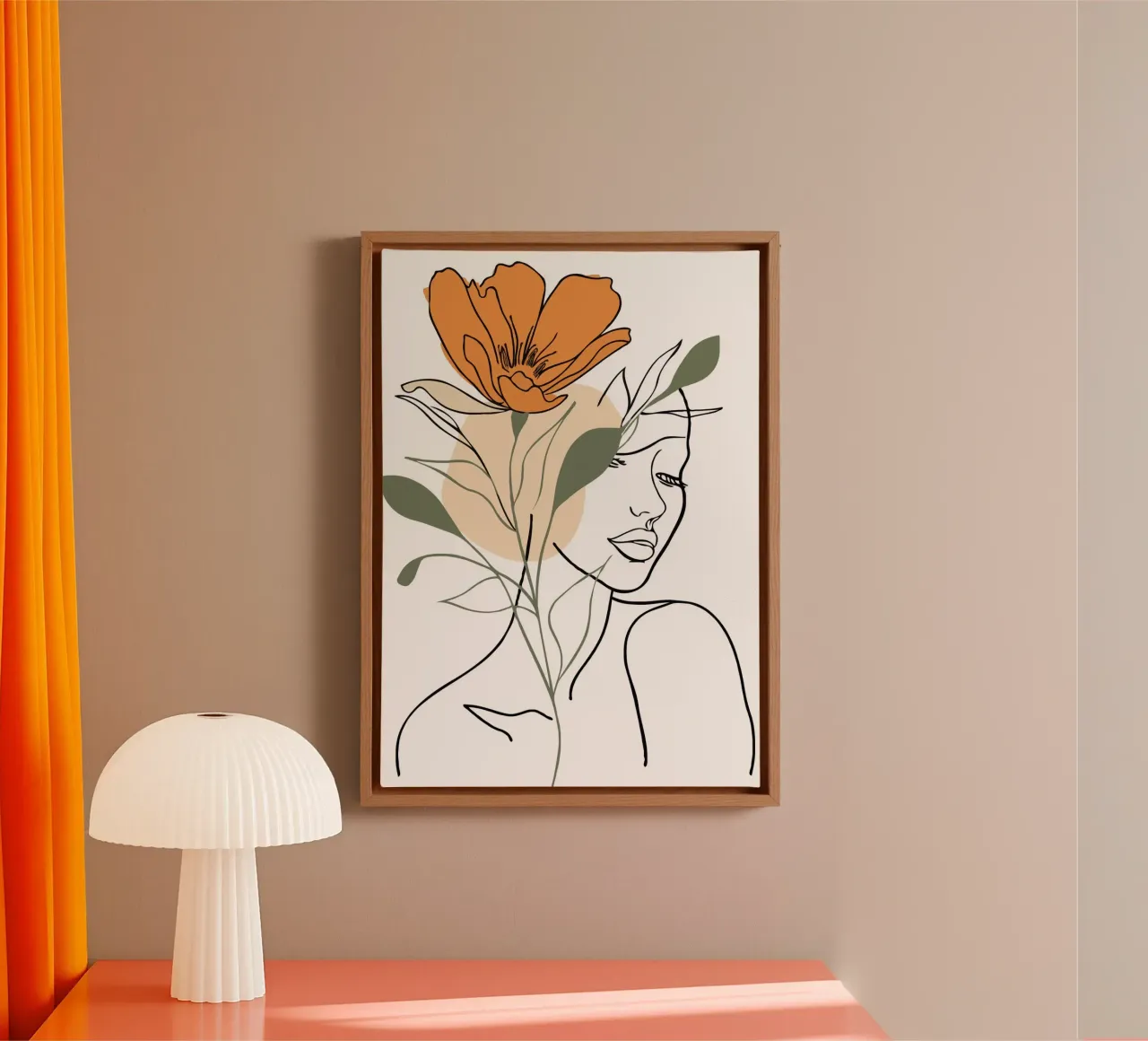 Serene face intertwined with a large orange flower tela da LisaArtes